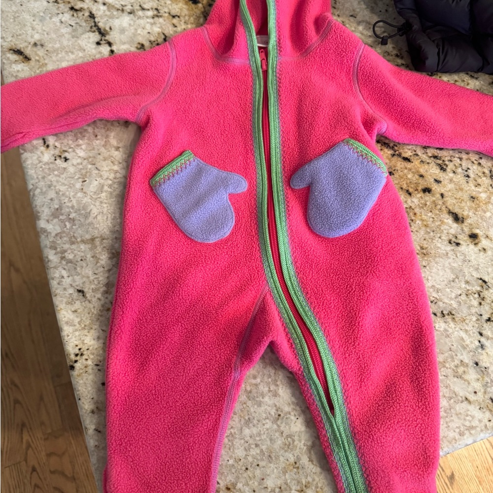 Hanna Andersson Pink Fleece Kids Footie with Green Zipper